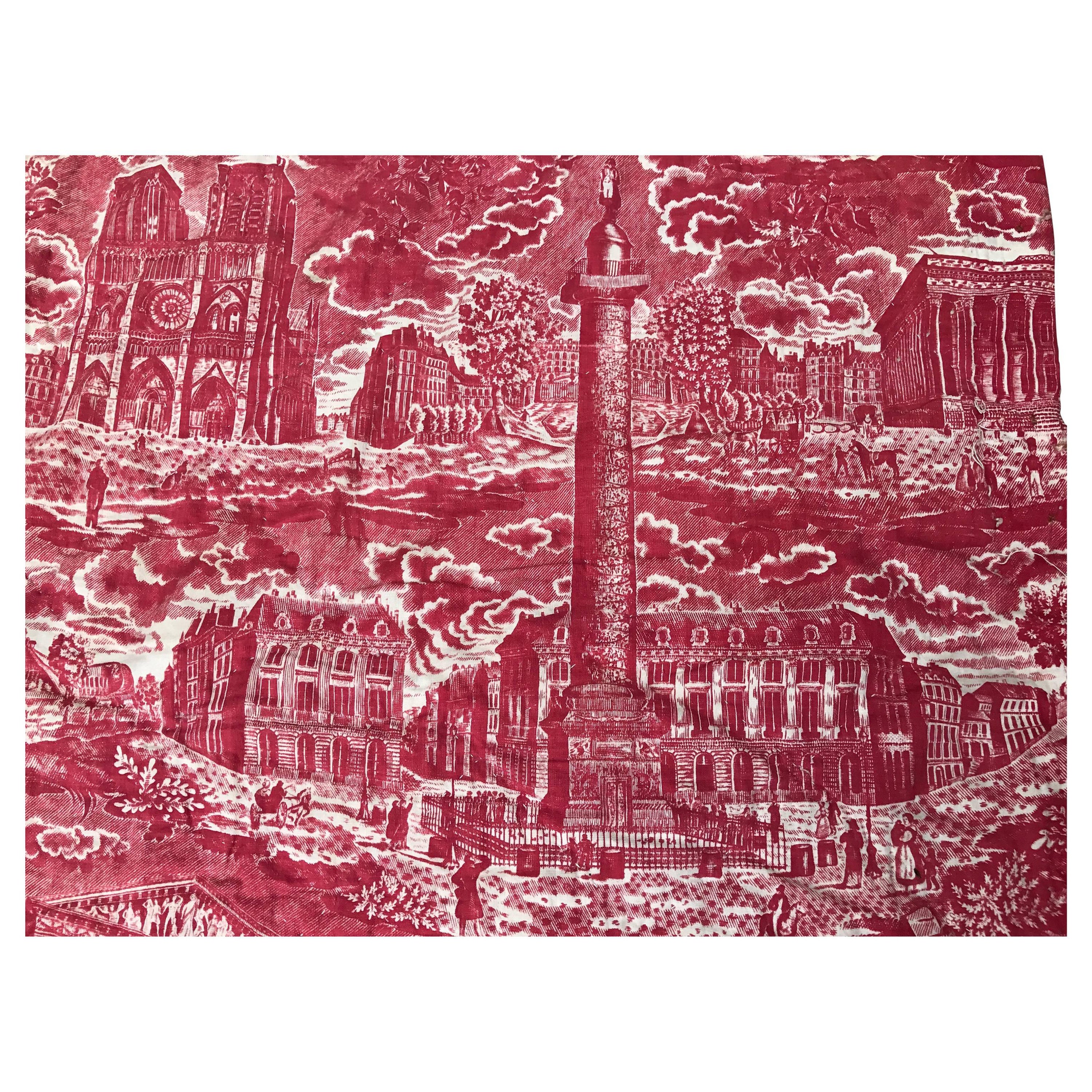 19th Century French Toile De Jouy Red and White Textile, Monuments of Paris For Sale