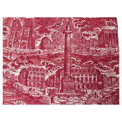 19th Century French Toile De Jouy Red and White Textile, Monuments of Paris