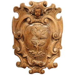 18th Century French Hand Carved Walnut Wall Carving with Bird, Tree and Cherub
