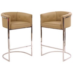 Pair of Sleek Chrome and Leather Barstools