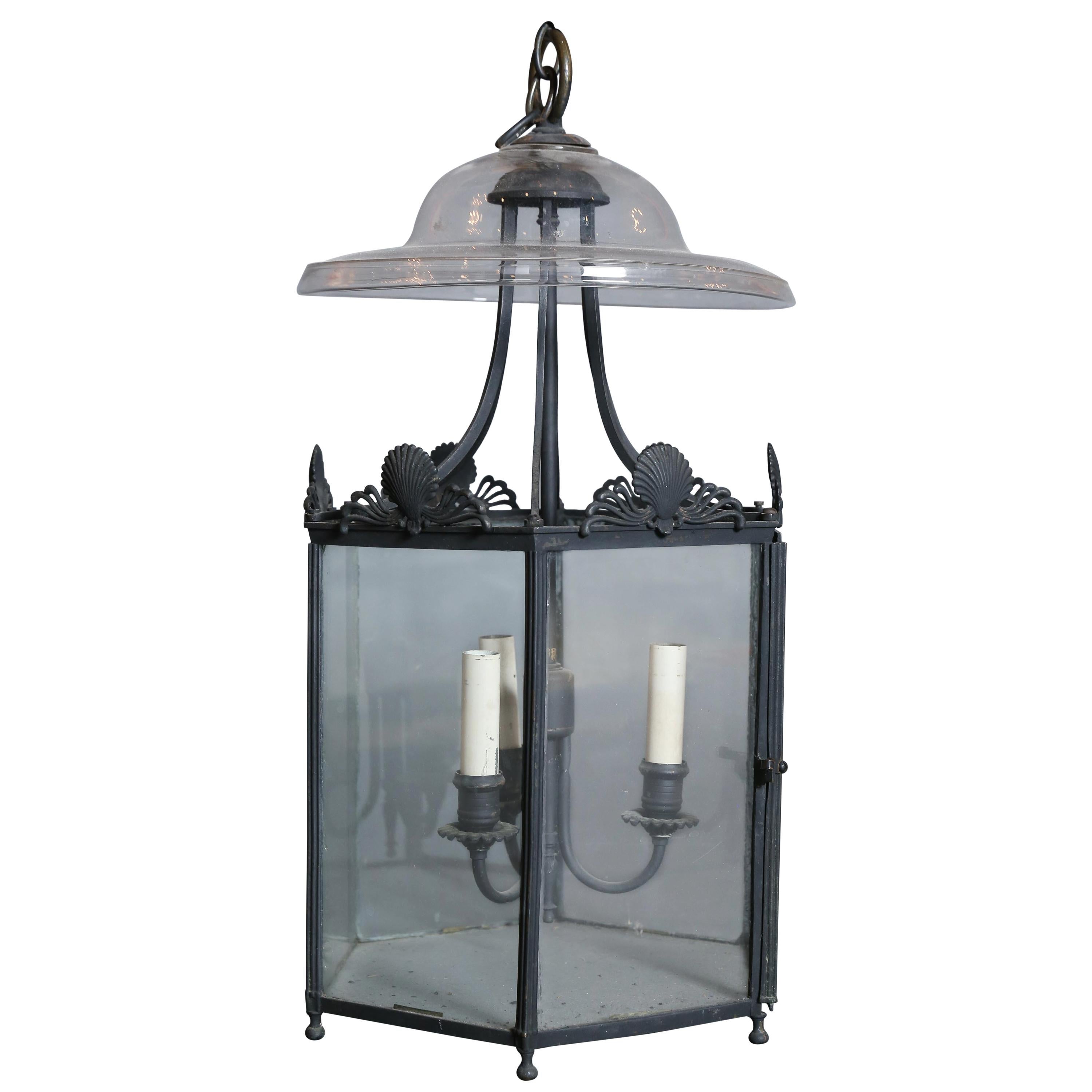 Three-Light Antique English Lantern with Glass Smoke Cover For Sale