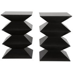 Pair Brancusi Style Black Lacquer Oak Side Tables