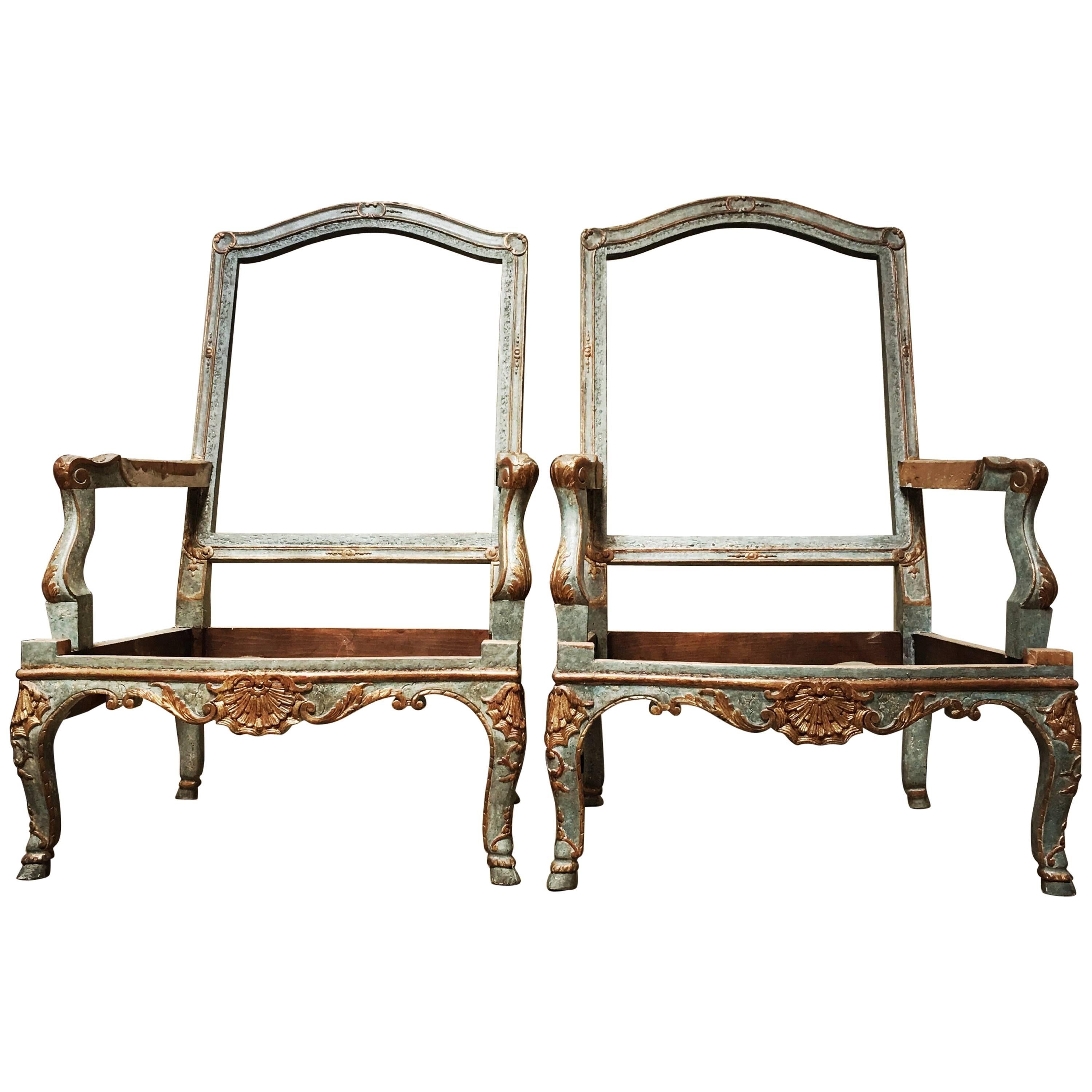Pair of French Baroque Style Armchair Frames in a Blue and Gilt Finish For Sale