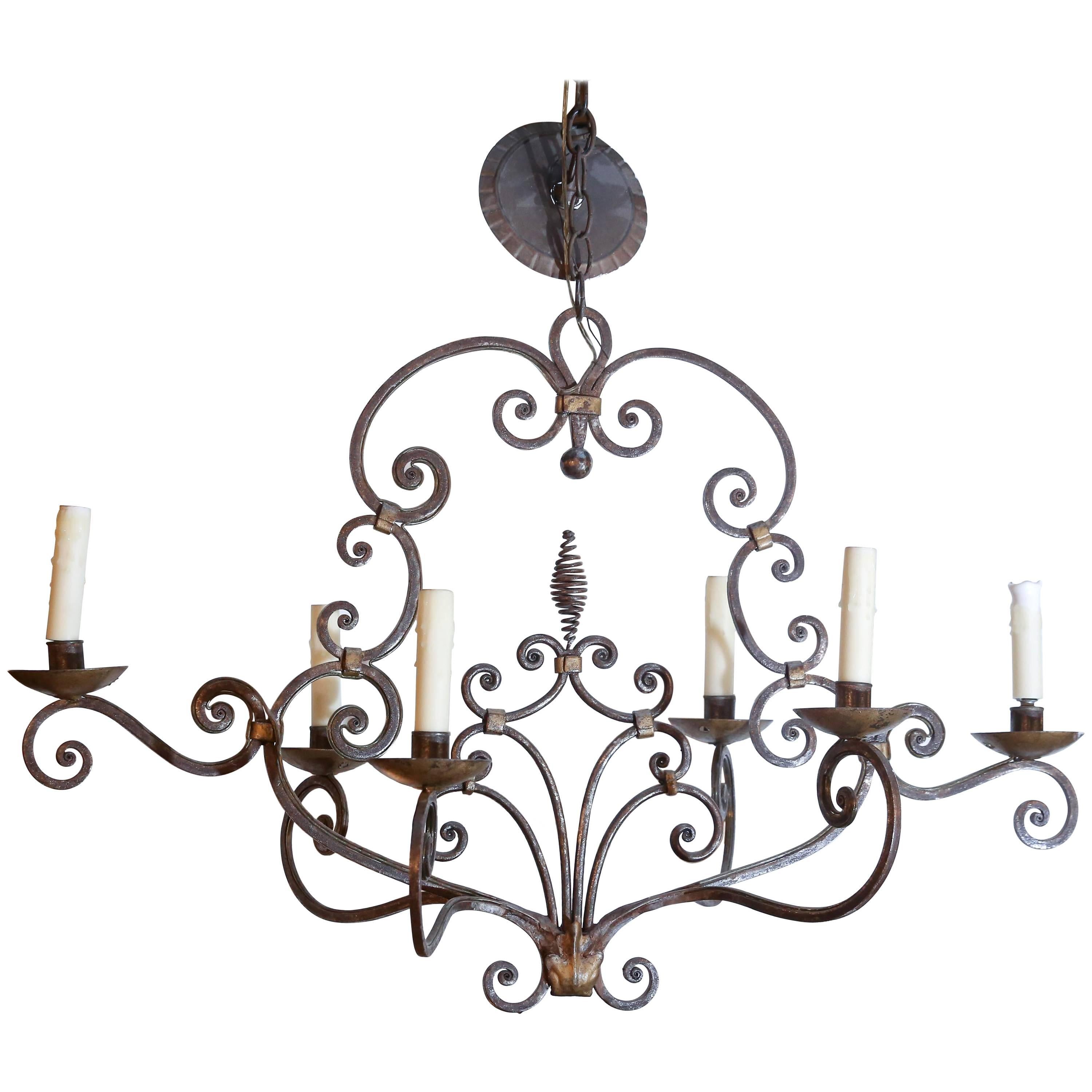 French Six-Light Scroll Work Wrought Iron Chandelier