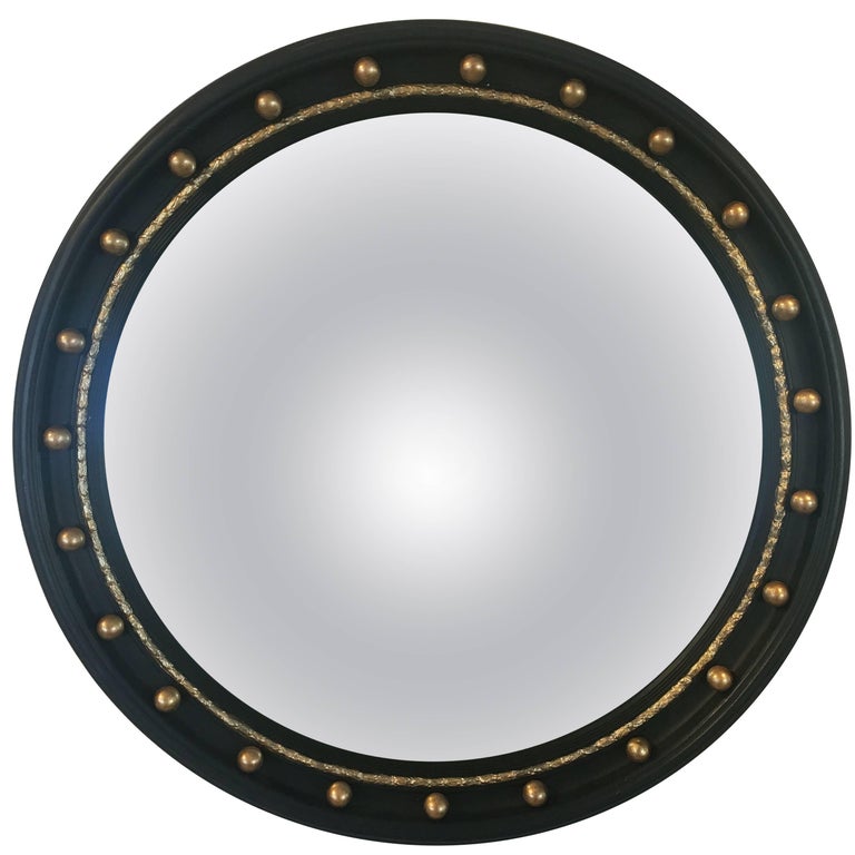 English Round Ebony Black and Gold Framed Convex Mirror (Diameter 24 1/