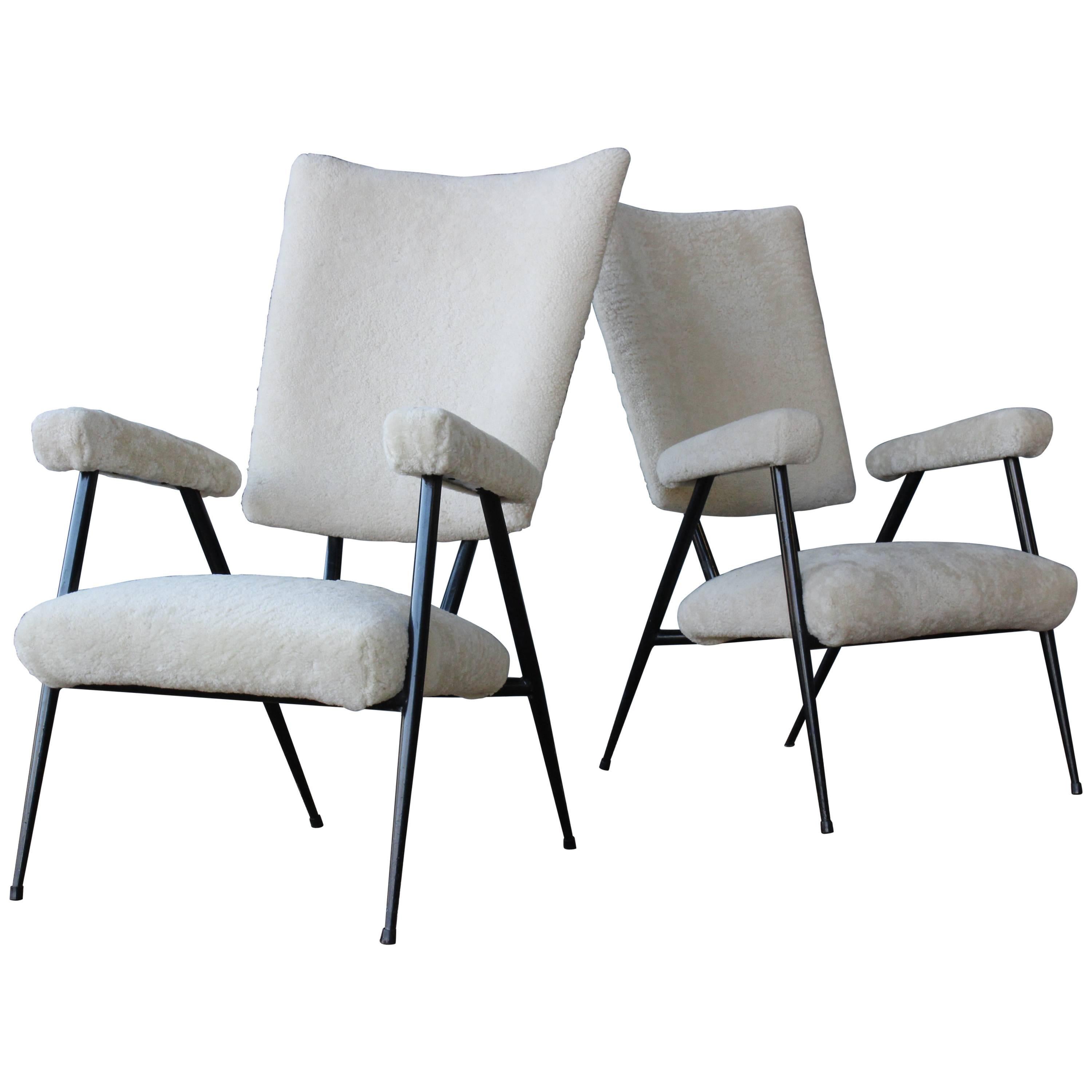 Pair of Metal Frame Armchairs in Sheepskin, Italy, 1960s