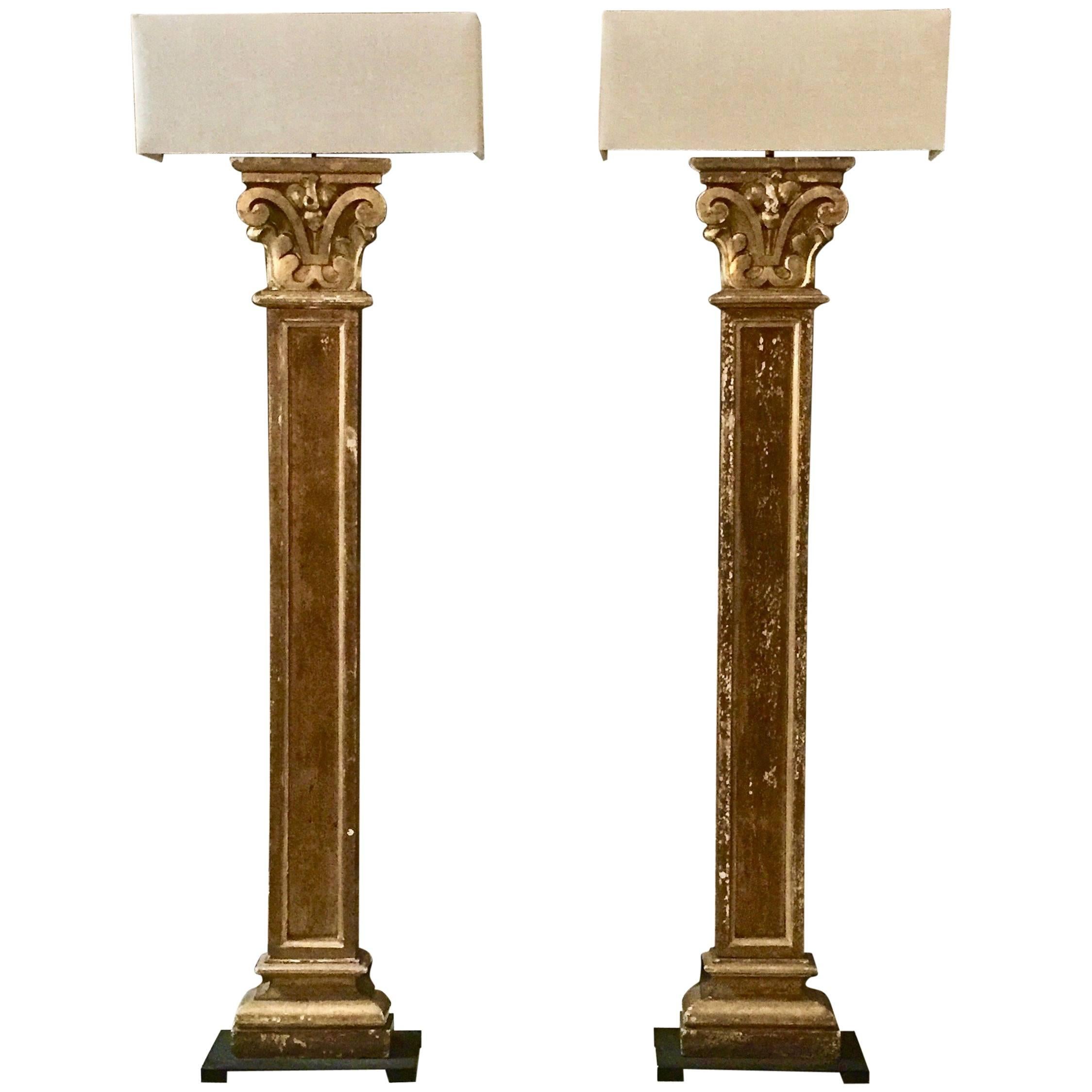 Pair of 19th century Pilaster Fragment as Floorlamps with Custommade Linen Shade