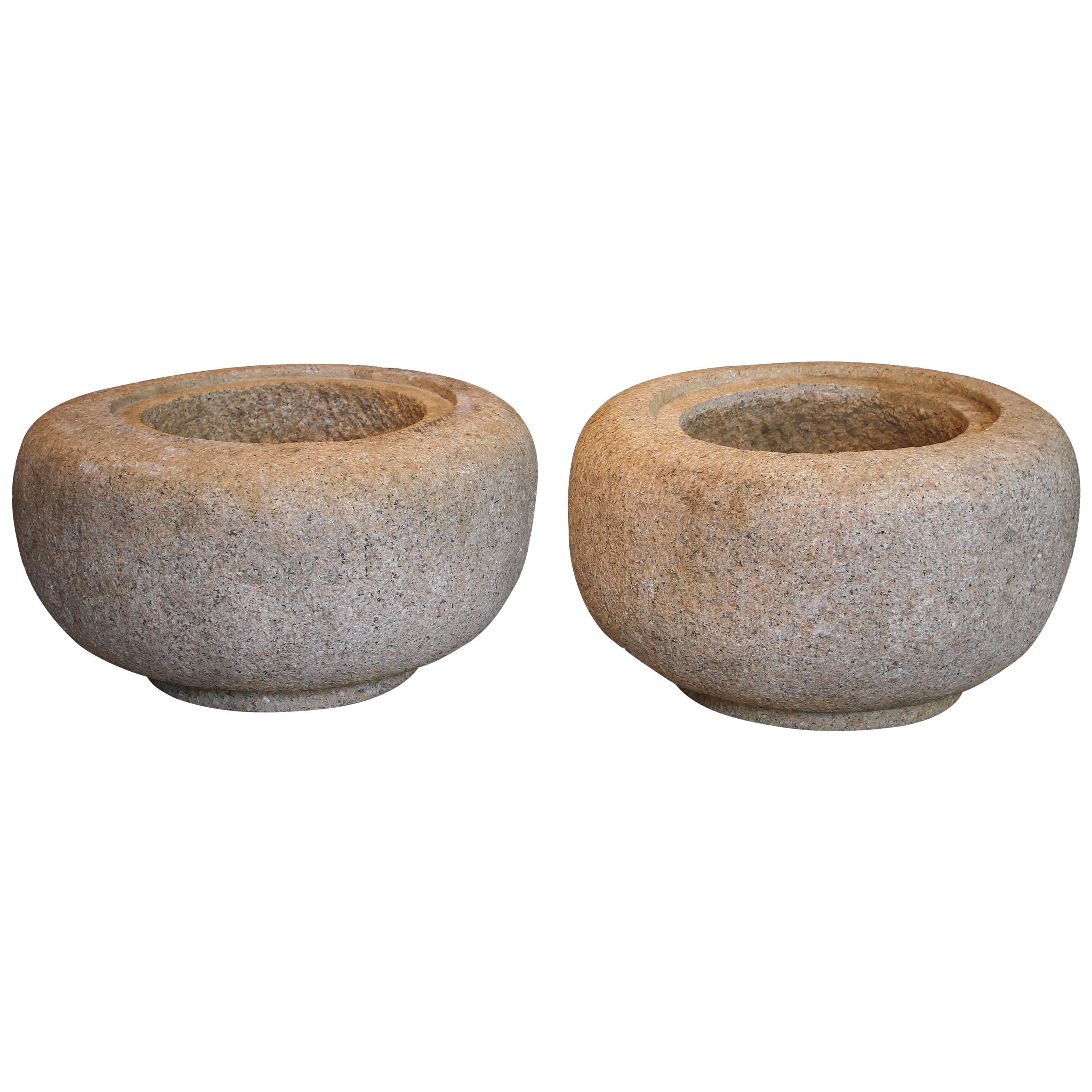 Fantastic Pair of Solid Granite GArden Planter Bowls