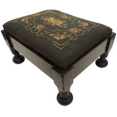 Antique English Foot Stool with Floral Tapestry Upholstery
