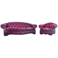Chesterfield Sofa Set Red Leather Three-Seat and Armchair Couch Vintage