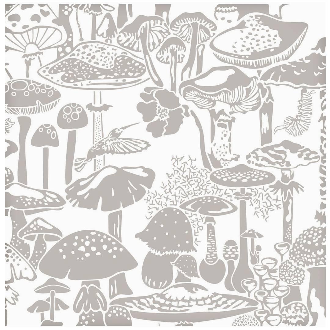 Papier peint de créateur Mushroom City en gris pierre chaud et blanc