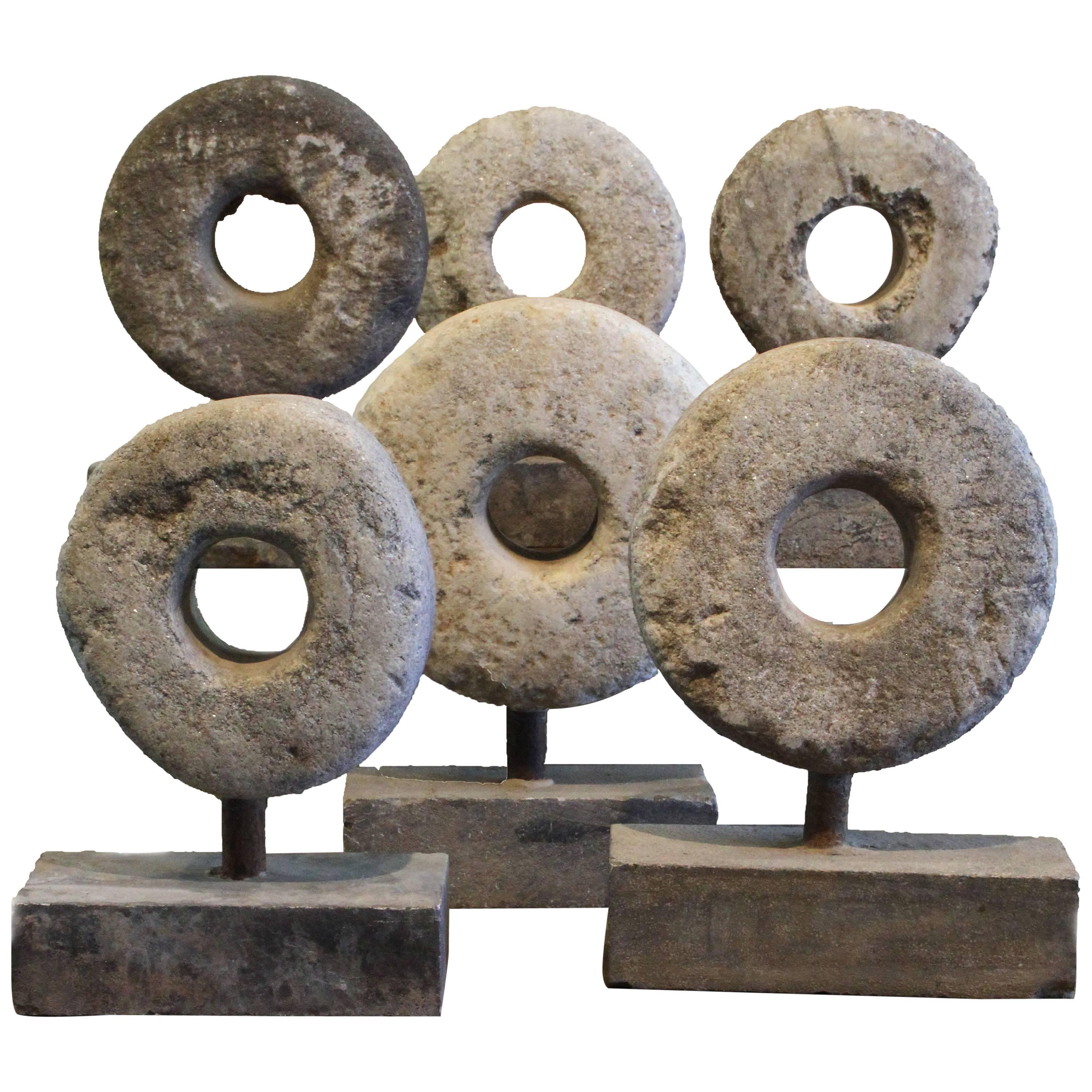 Fantastic 19th Century Carved Stone Millstone Spheres on Stand For Sale