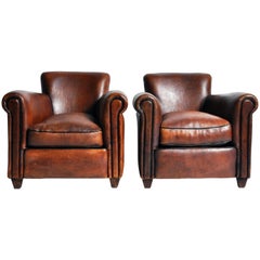 Pair of Parisian Dark Brown Leather Club Chairs with Dark Brown Piping
