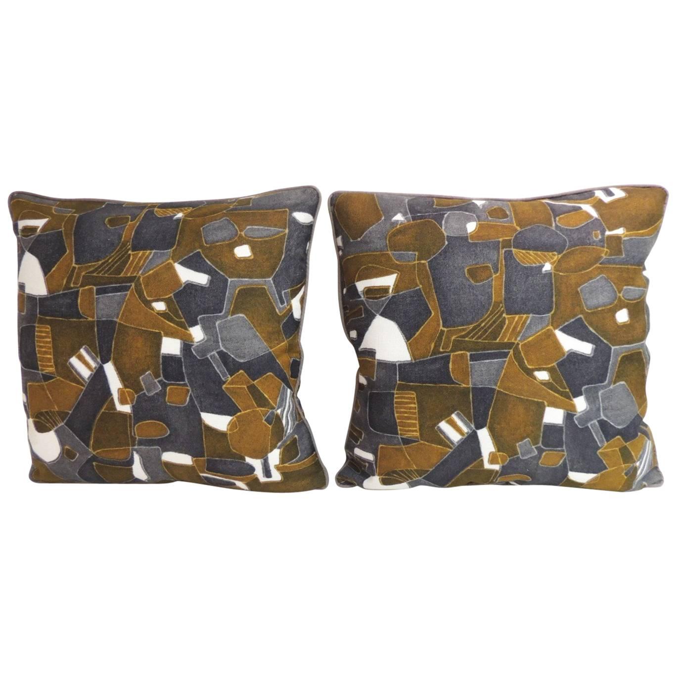 Pair of French Graphic Modern Linen Double Sided Decorative Pillows
