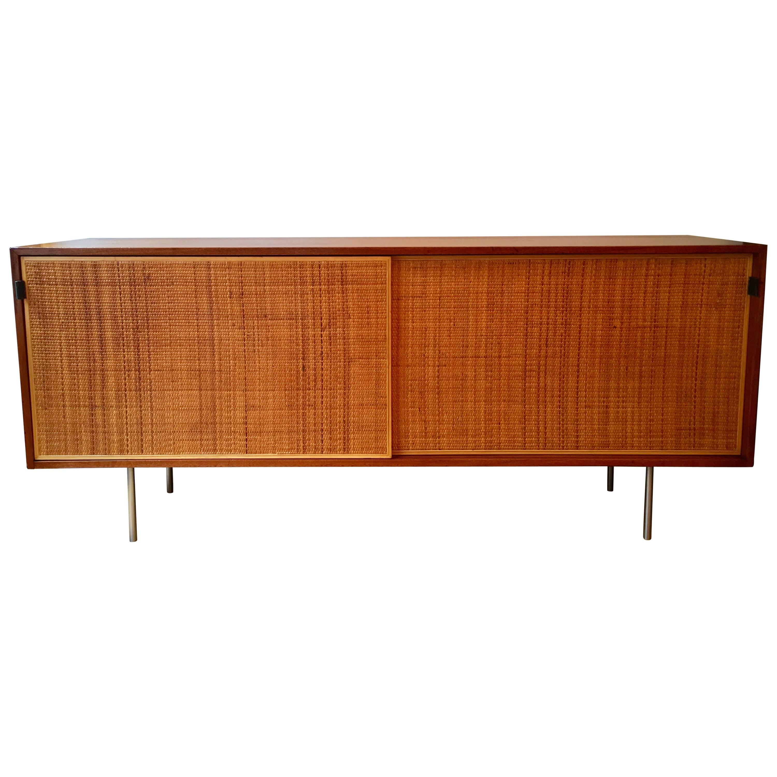 Florence Knoll Grasscloth Walnut, 1950s Credenza Cabinet