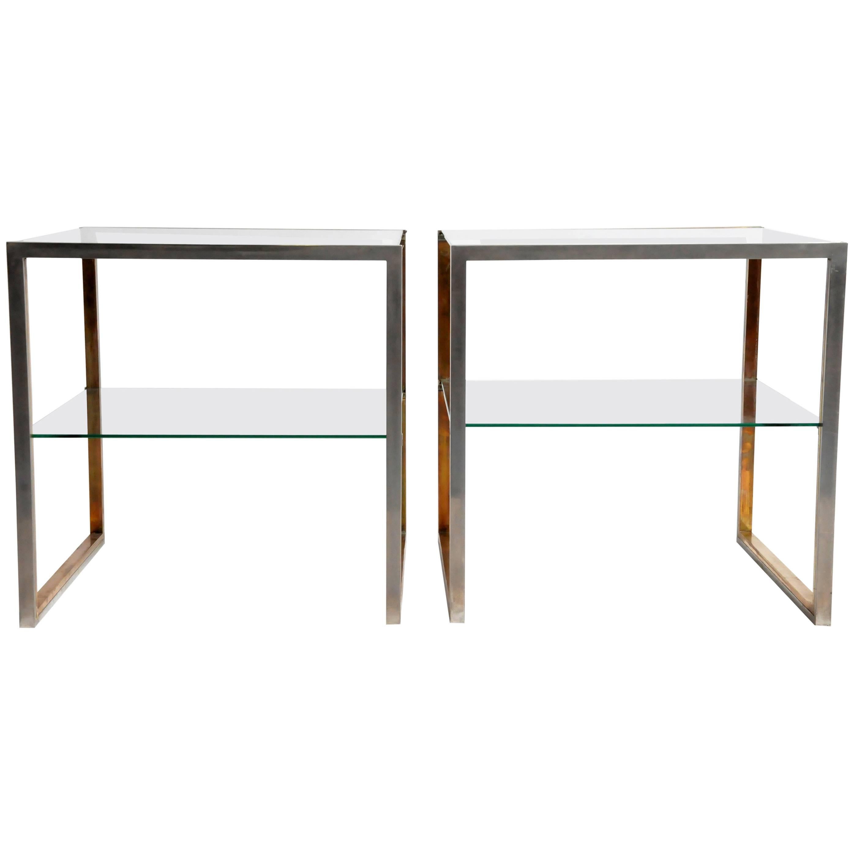 Pair of Brass and Chrome French Side Tables with Glass Shelves