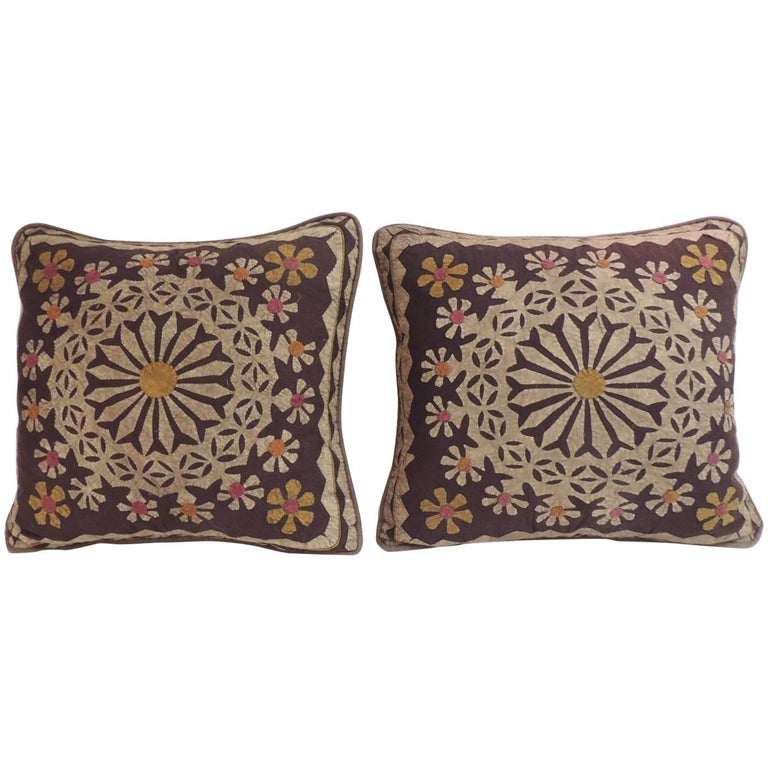 Pair of Vintage Cut-Out Brown Cotton Decorative Pillows For Sale at 1stdibs
