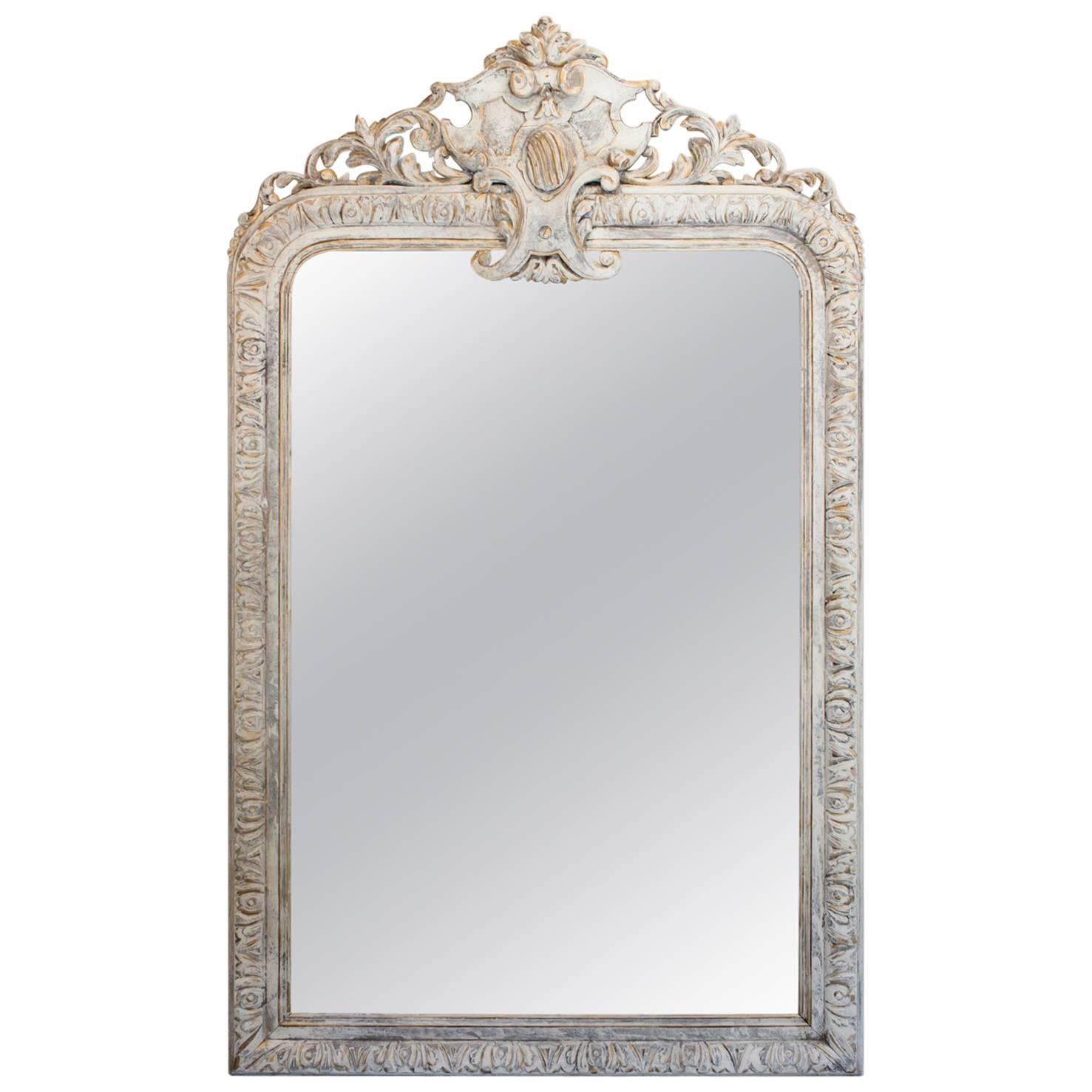 19th Century French Carved Louis Philippe Mirror in Greige and Gilt Finish
