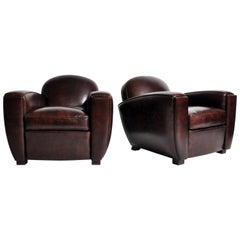 Pair of Parisian Low-Back Maroon Leather Club Chairs 
