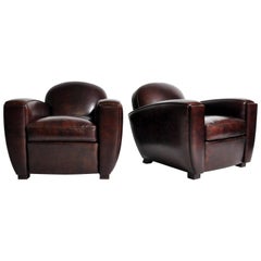 Pair of Parisian Low-Back Maroon Leather Club Chairs