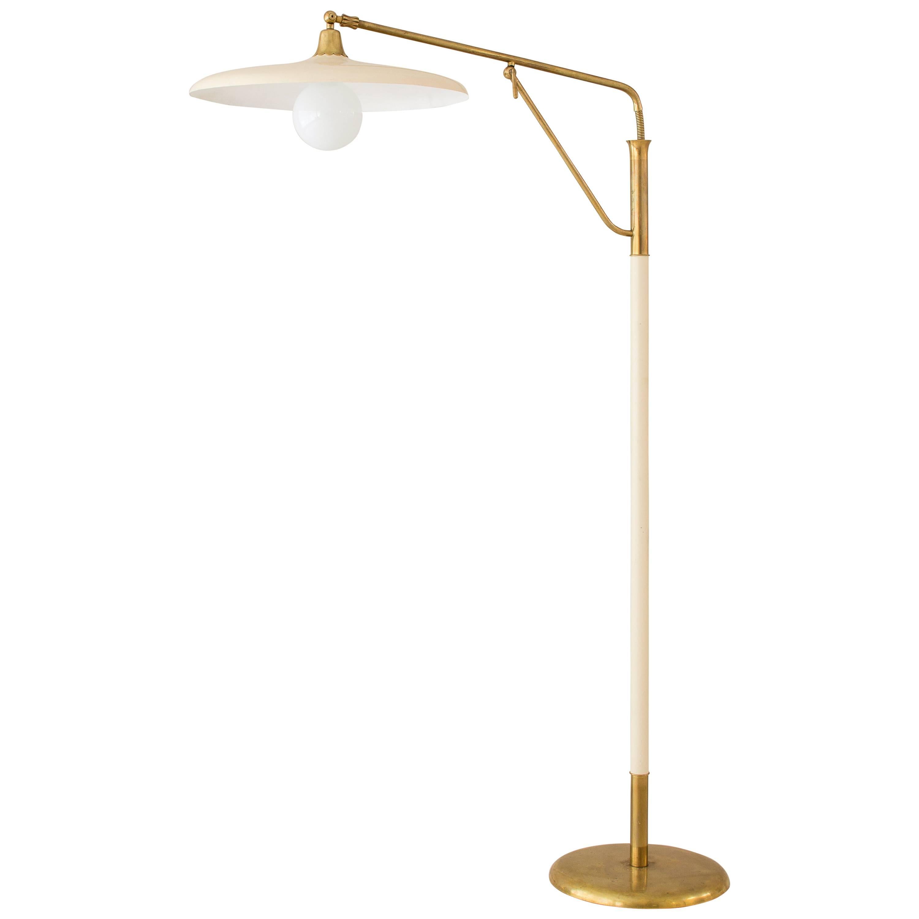 White Lacquered Floor Lamp with Brass Accents For Sale