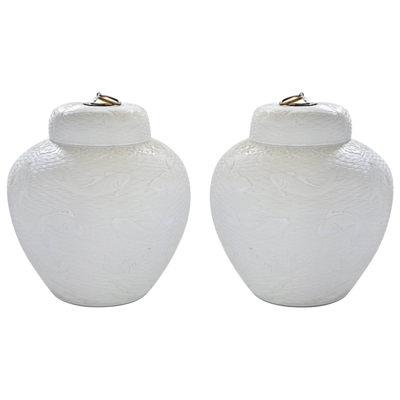 Pair of Fine Carved White Porcelain Jars with Covers 
