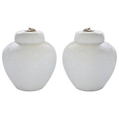 Pair of Fine Carved White Porcelain Jars with Covers