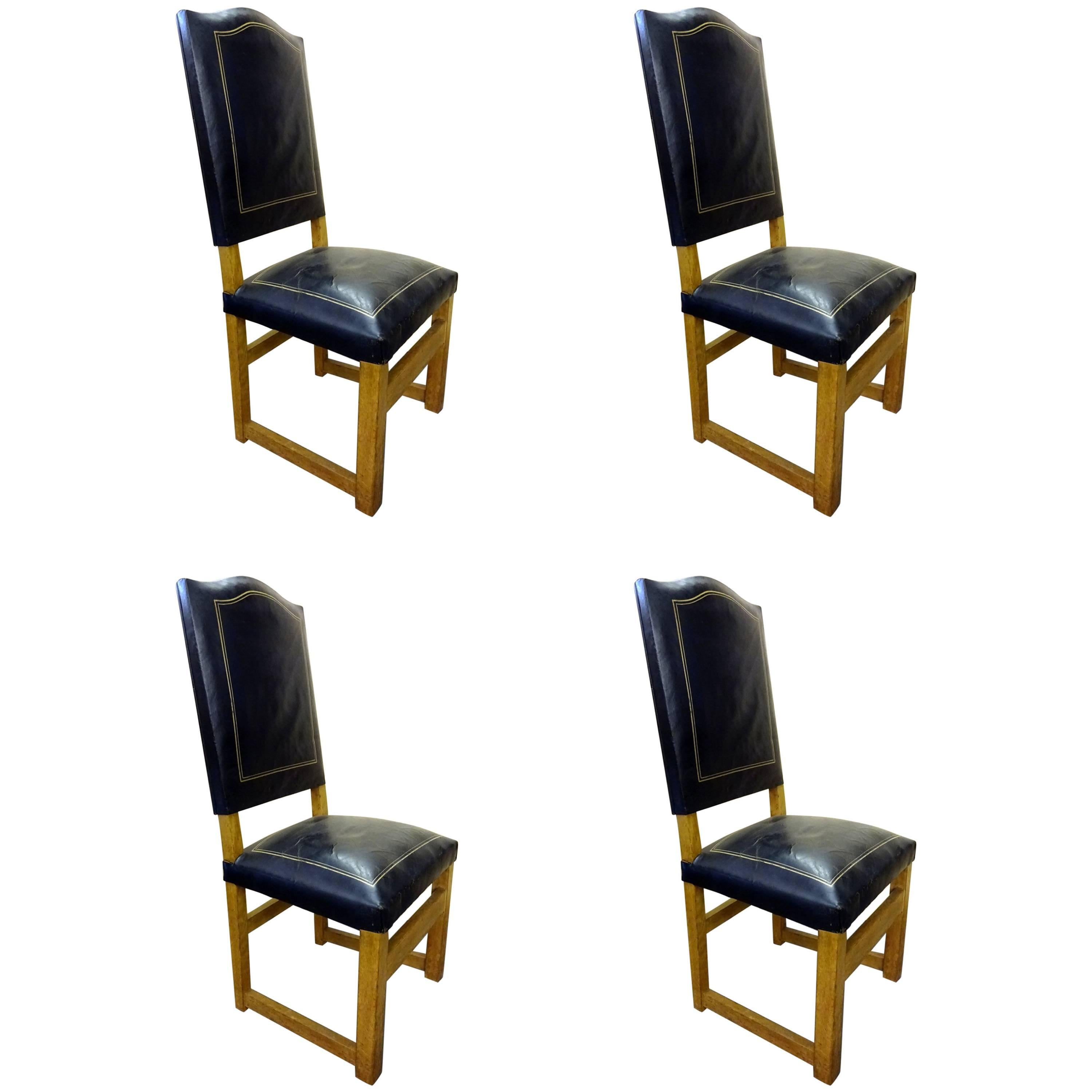 Set aus vier Lederstühlen mit hoher Rückenlehne in der Art von Jacques Adnet
