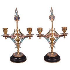 Pair of 20th Century Champleve Candelabra in Brass and Enamel