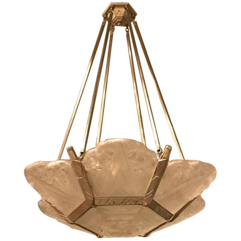 French Art Deco Chandelier with Geometric and Floral Motif