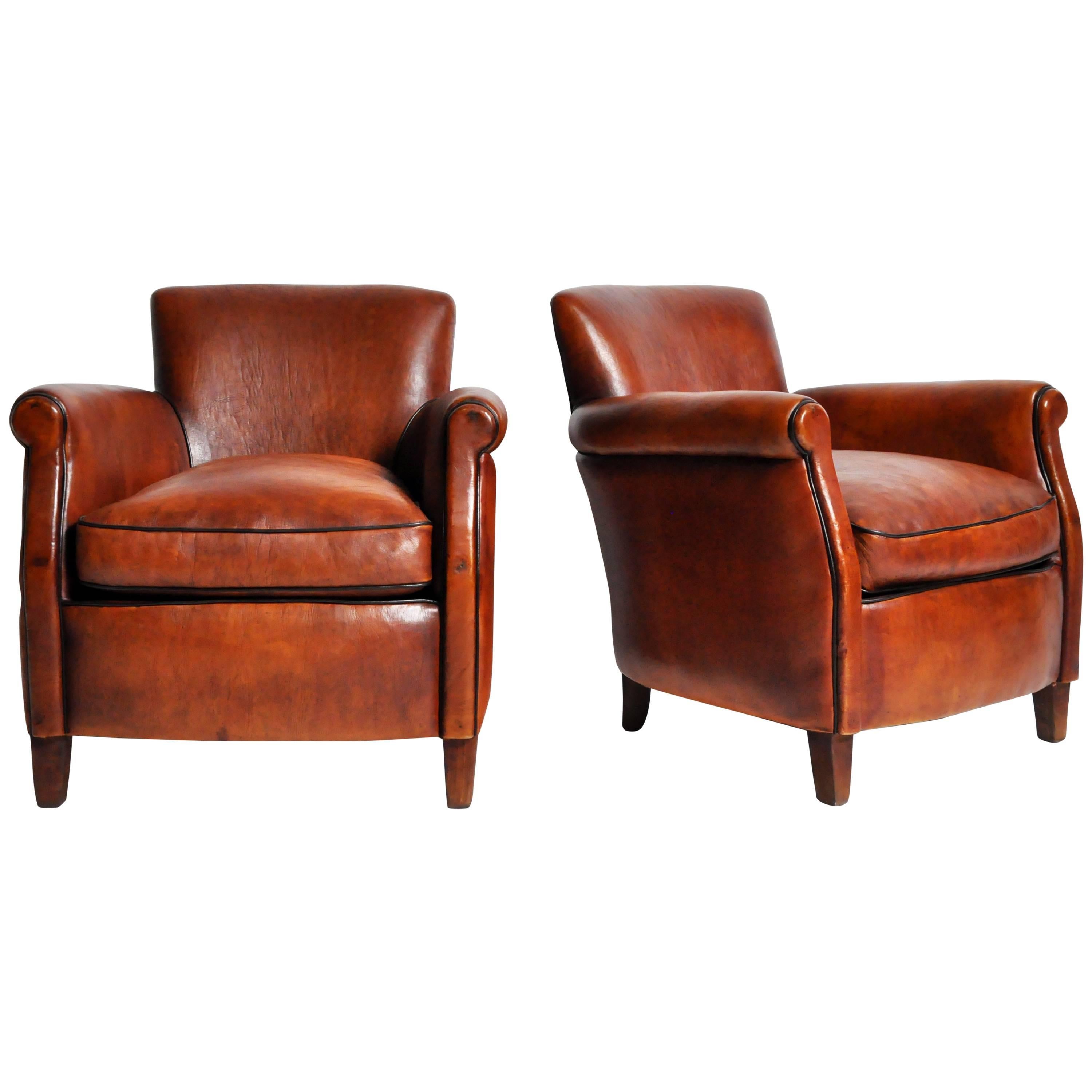 Pair of Parisian Brown Leather Club Chairs with Dark Brown Piping