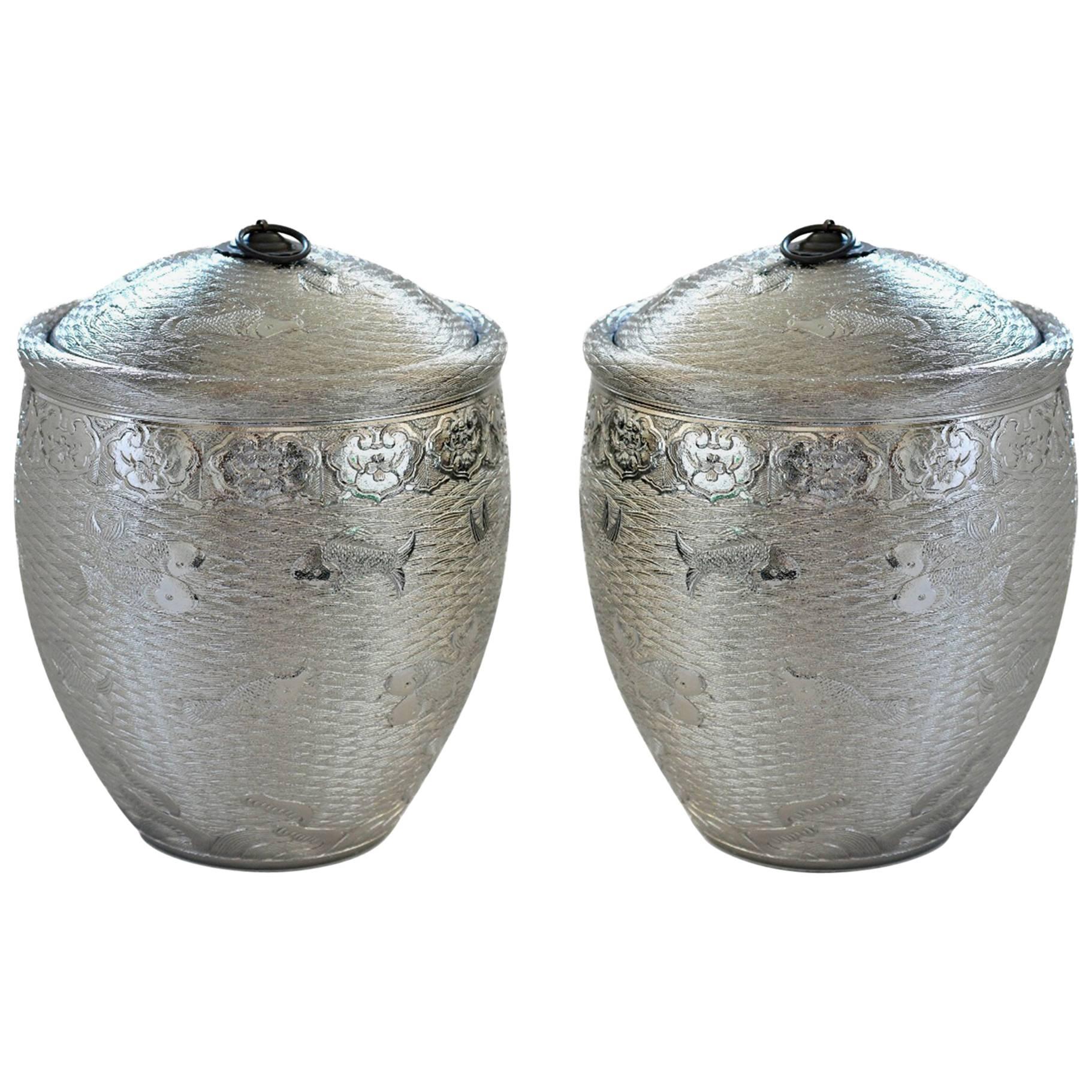Pair of Fine Carved Silver Glazed Porcelain Jars with Covers
