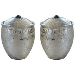 Vintage Pair of Fine Carved Silver Glazed Porcelain Jars with Covers