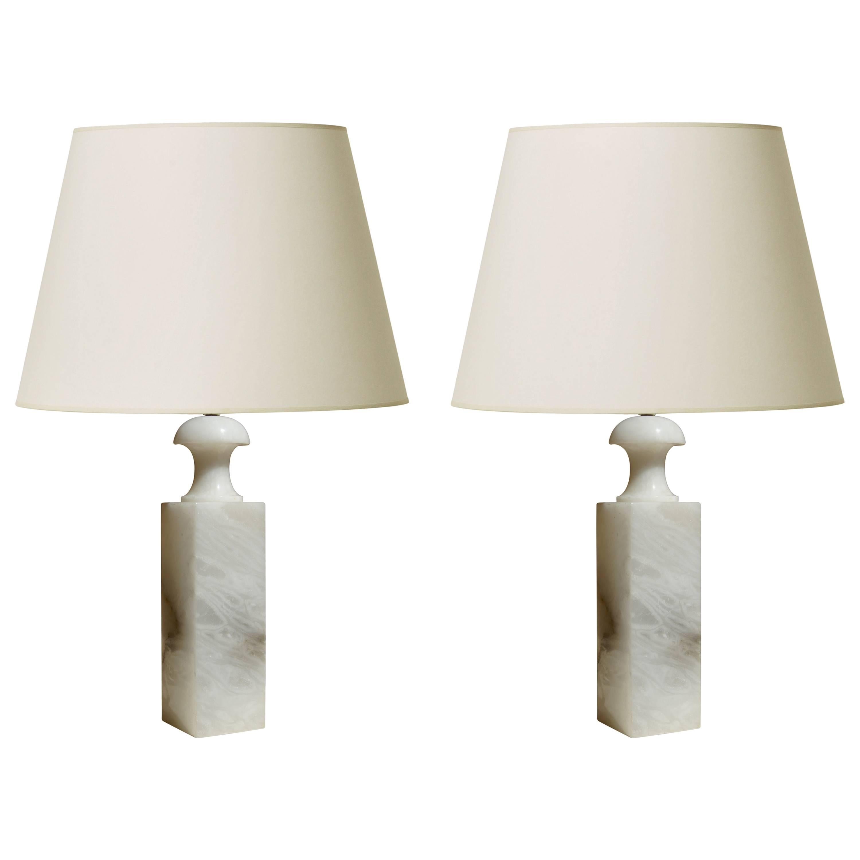 Pair of Table Lamps with Tall Baluster Form in Alabaster by Bergboms For Sale