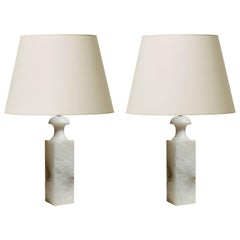 Vintage Pair of Table Lamps with Tall Baluster Form in Alabaster by Bergboms
