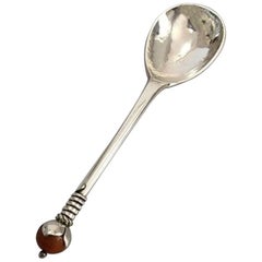 Mogens Ballin Silver Compote Spoon Ornamented with Amber Stone
