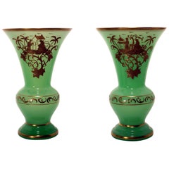 Pair of French Baccarat Chrysoprase ‘Uranium’ Green Opaline Art Glass Vases