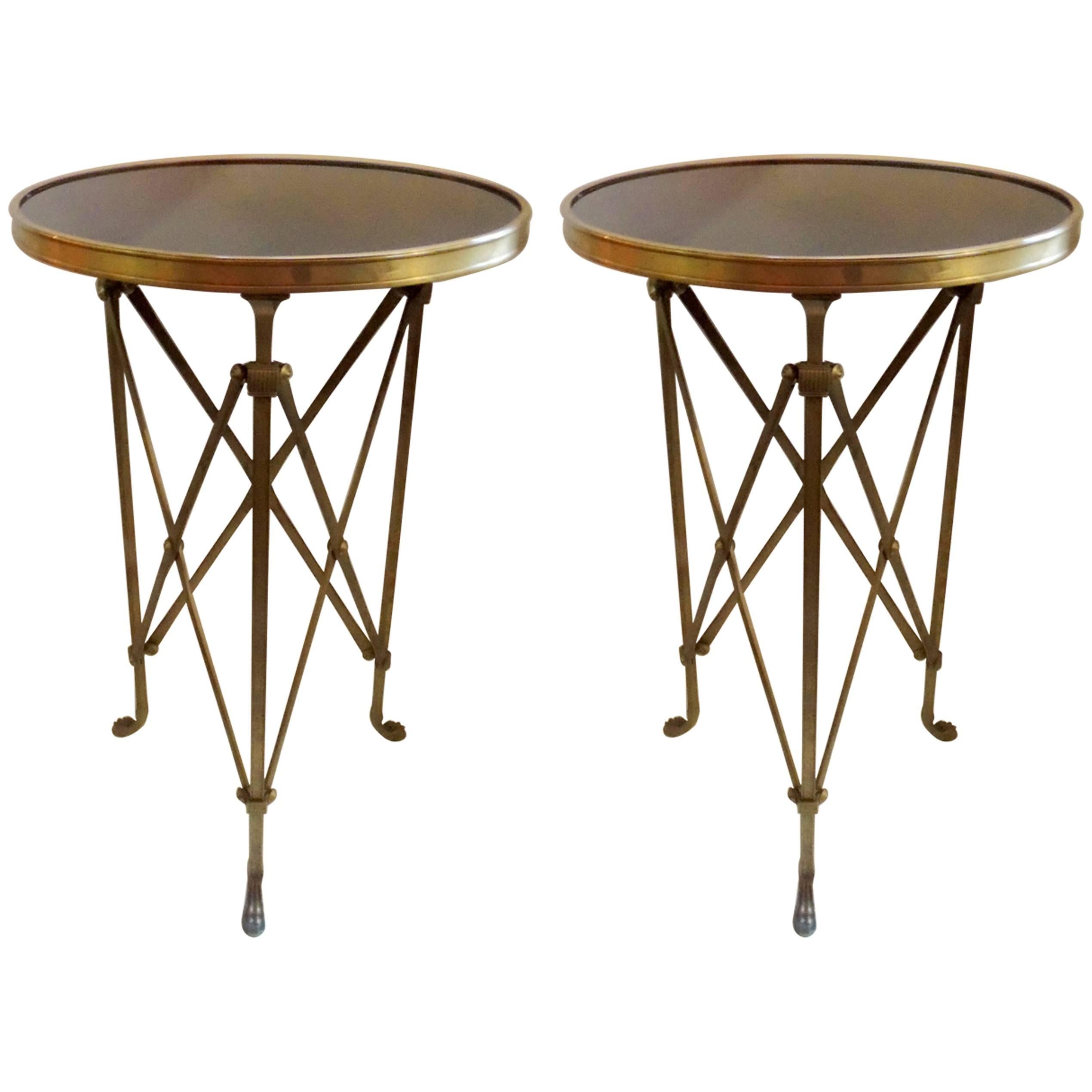 Neoclassical Pair French Bronze Granite Round Regency Gueridon Tables Paw Feet