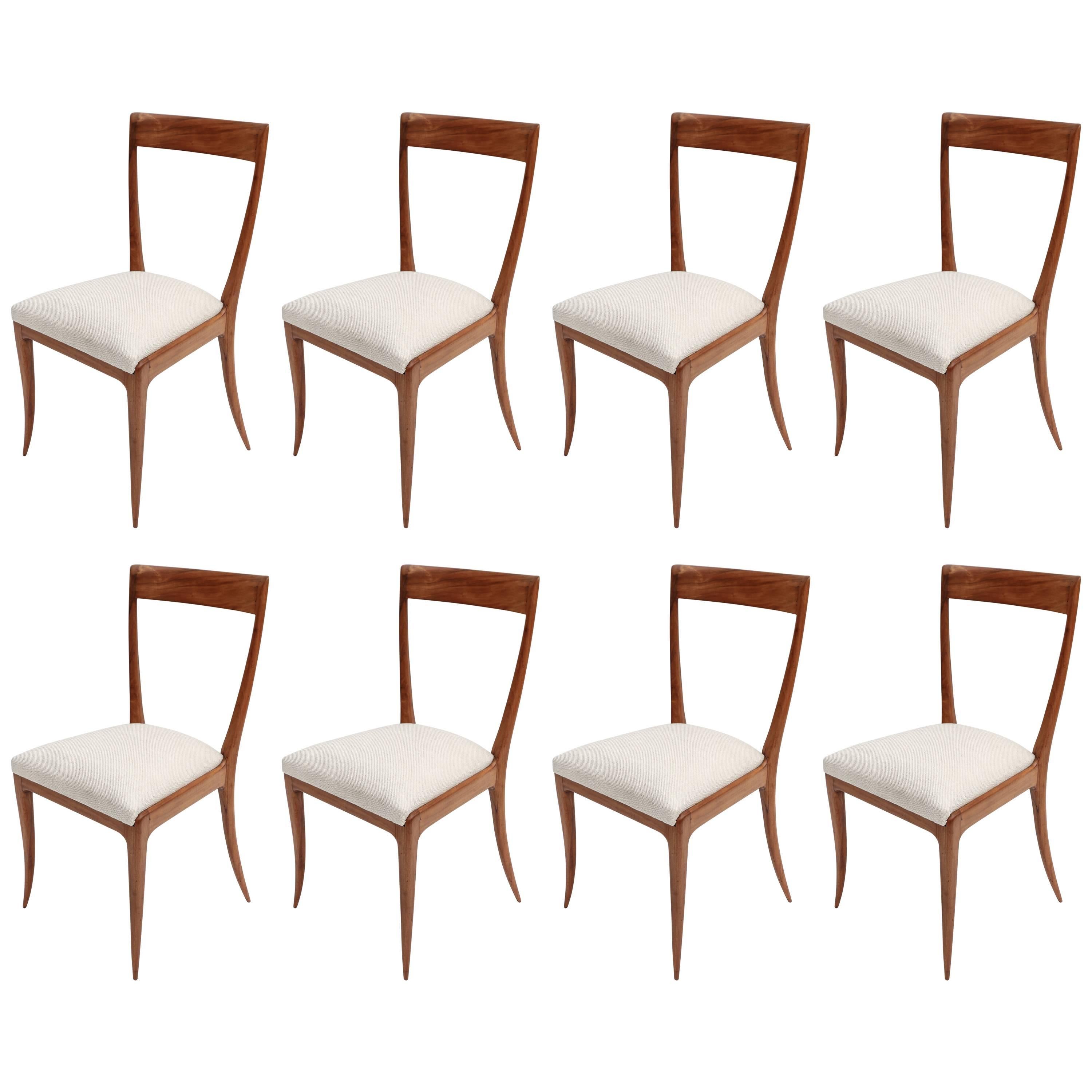 Set of Eight Scapinelli 1960s Brazilian Caviuna Dining Chairs in Beige Linen