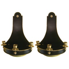 Pair of Ebony and Brass Tear Drop Wall Sconce Planters