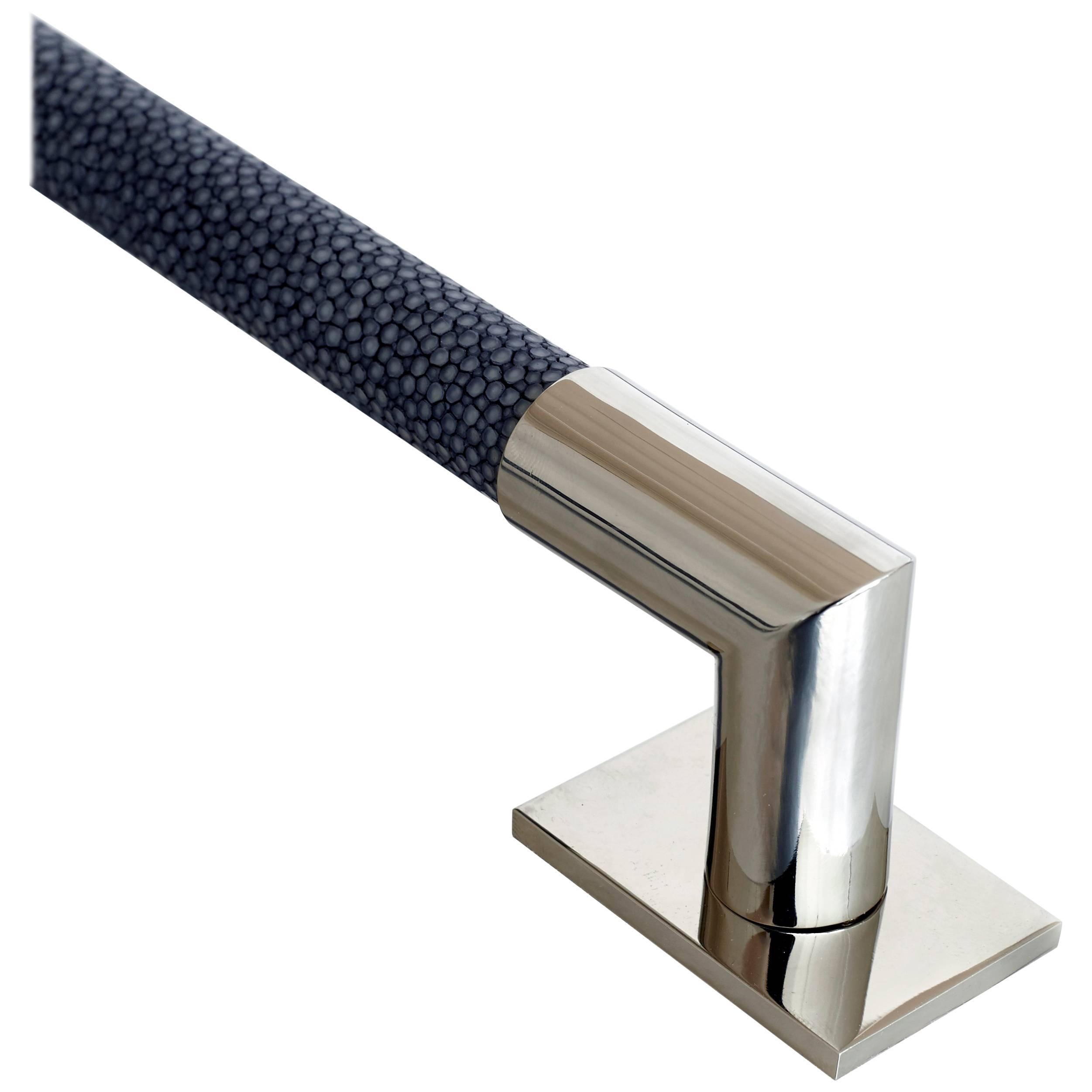 Polished nickel and hand-dyed shagreen bar cabinet pull.