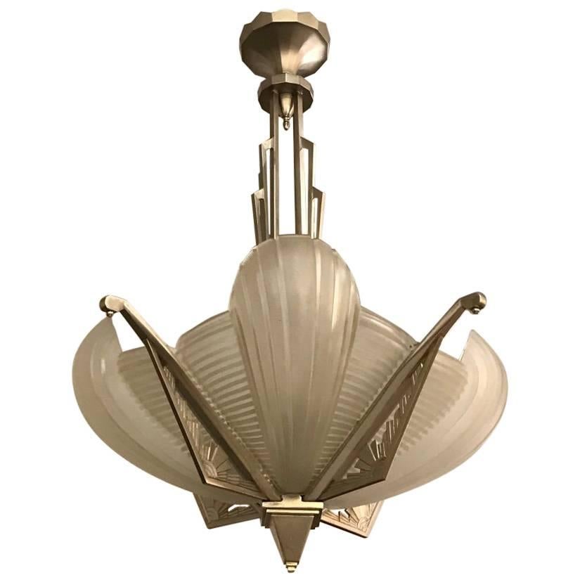French Art Deco Skyscraper Chandelier Signed by Atelier Petitot For Sale