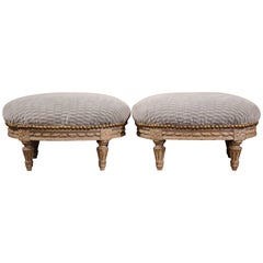 Antique Pair of French Louis XVI Carved Painted Oval Footstools with Blue Velvet Fabric