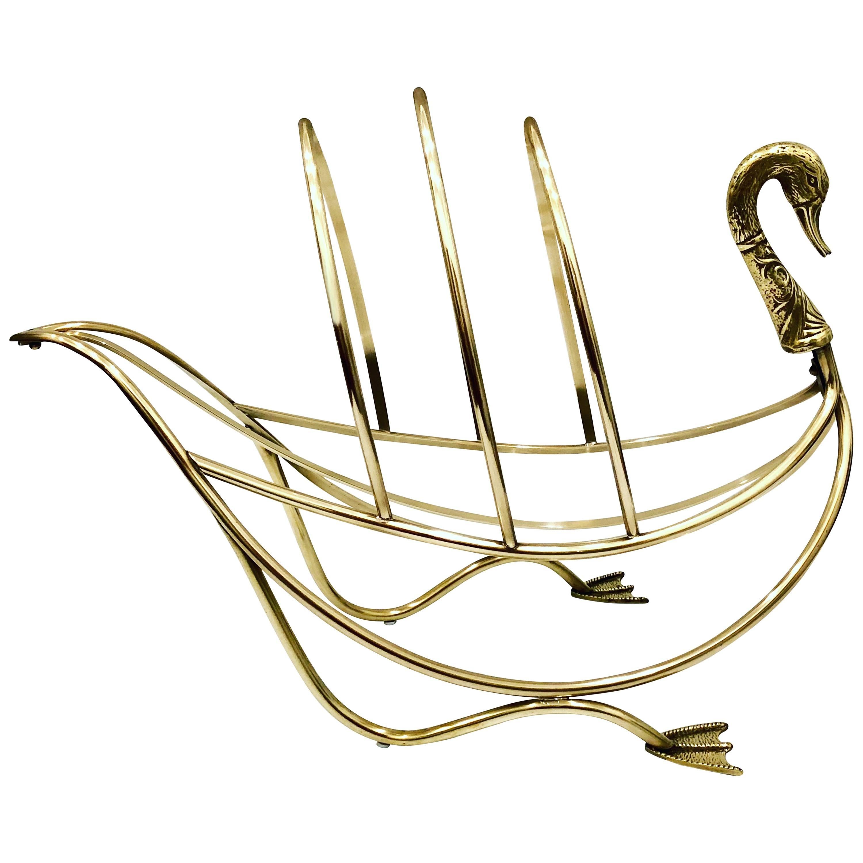Solid Polished Brass Italian Magazine Rack Swan