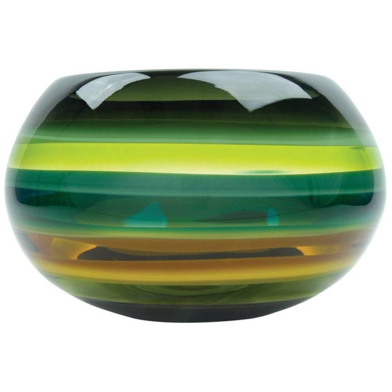 Green Banded Glass Closed Bowl, Hand Blown Glass For Sale