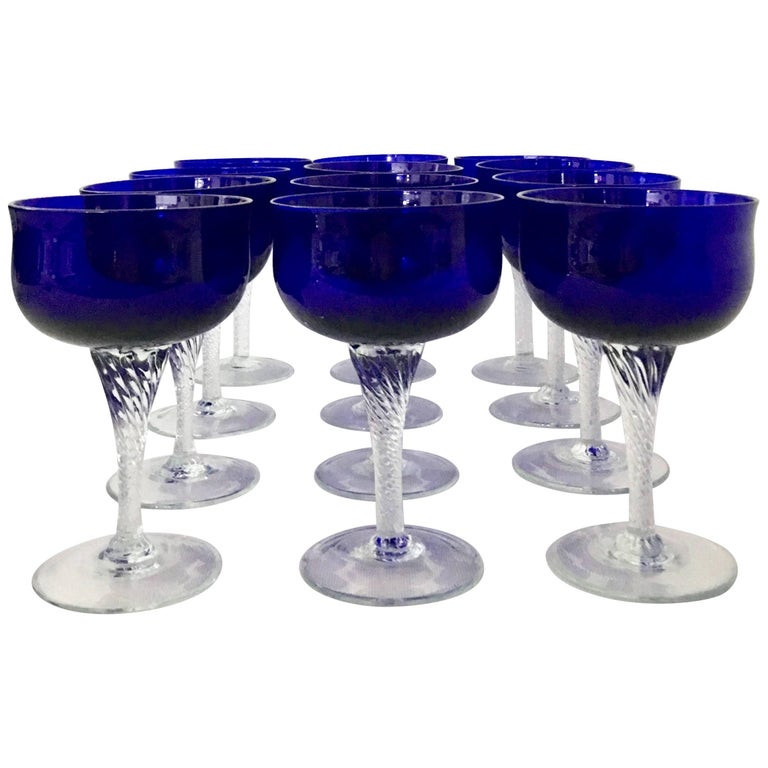 Vintage Cobalt Cut Crystal Stem Coupe Glasses, Set of 12 For Sale at