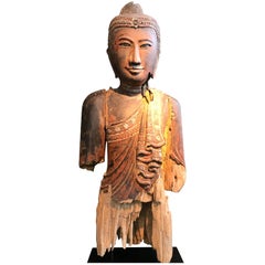 Sculpture de tête de Bouddha thaïlandaise en bois, XIXe siècle