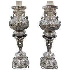20th Century Pair of Italian Silver embossed with figures Lamps