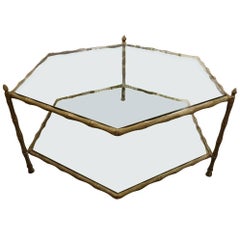 Vintage Six-Sided Brass and Glass Coffee Table