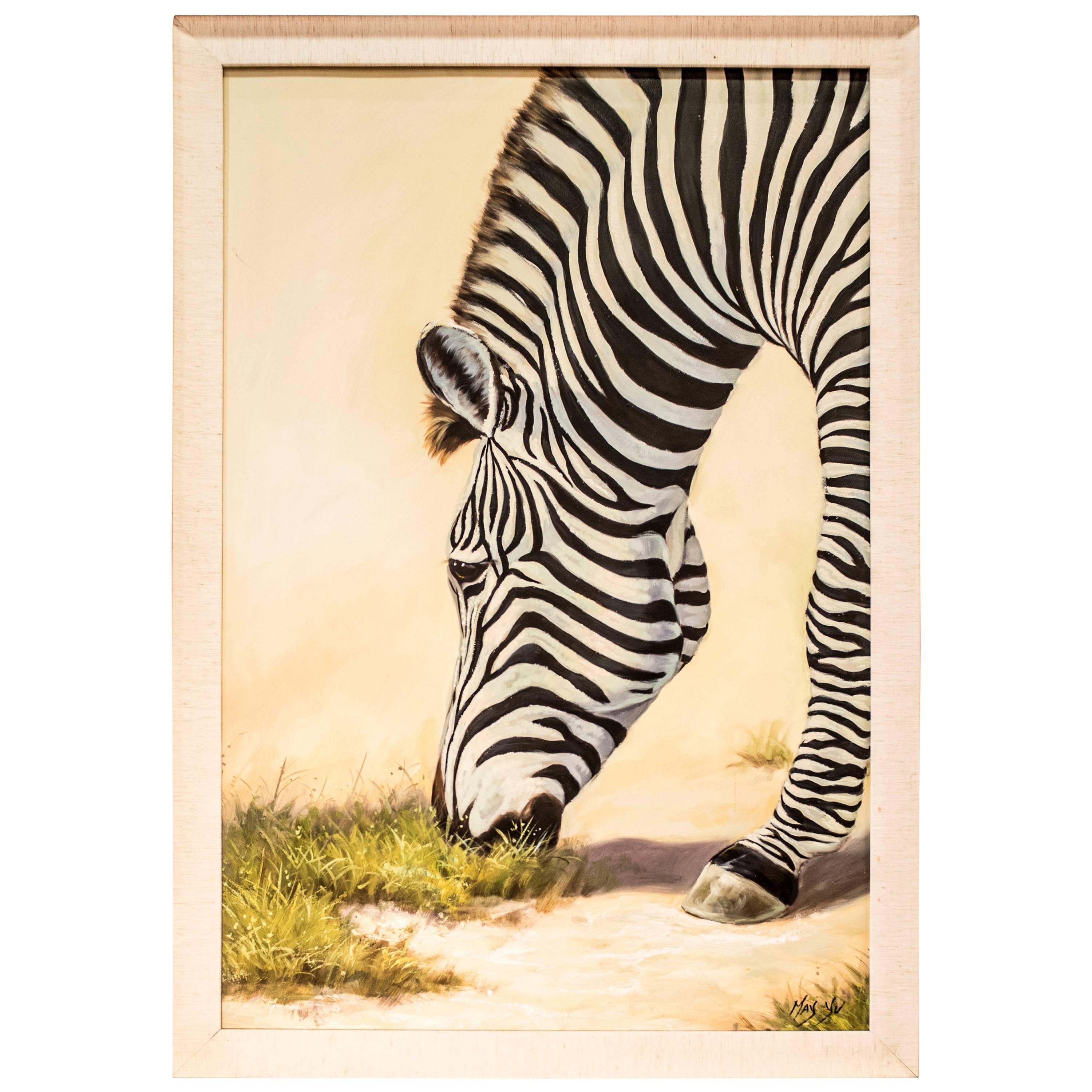 Midcentury Chinese Signed  " Zebra" Oil on Canvas